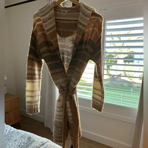 Faherty Striped hooded Cardigan in Brown and Cream